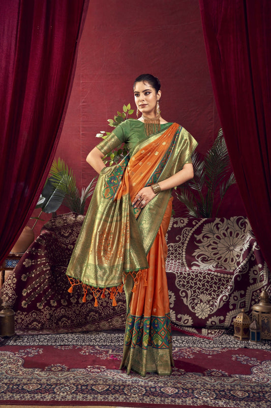 Vishnu Weaves Women's Orange Paithani Silk Saree with Blouse - Swadesiicart
