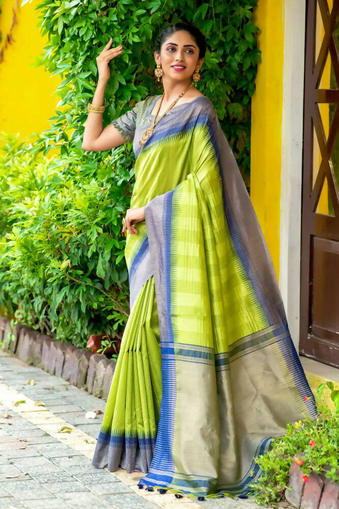 Vishnu Weaves Women's Green South Silk Zari Woven Saree with Unstitched Blouse - Swadesiicart