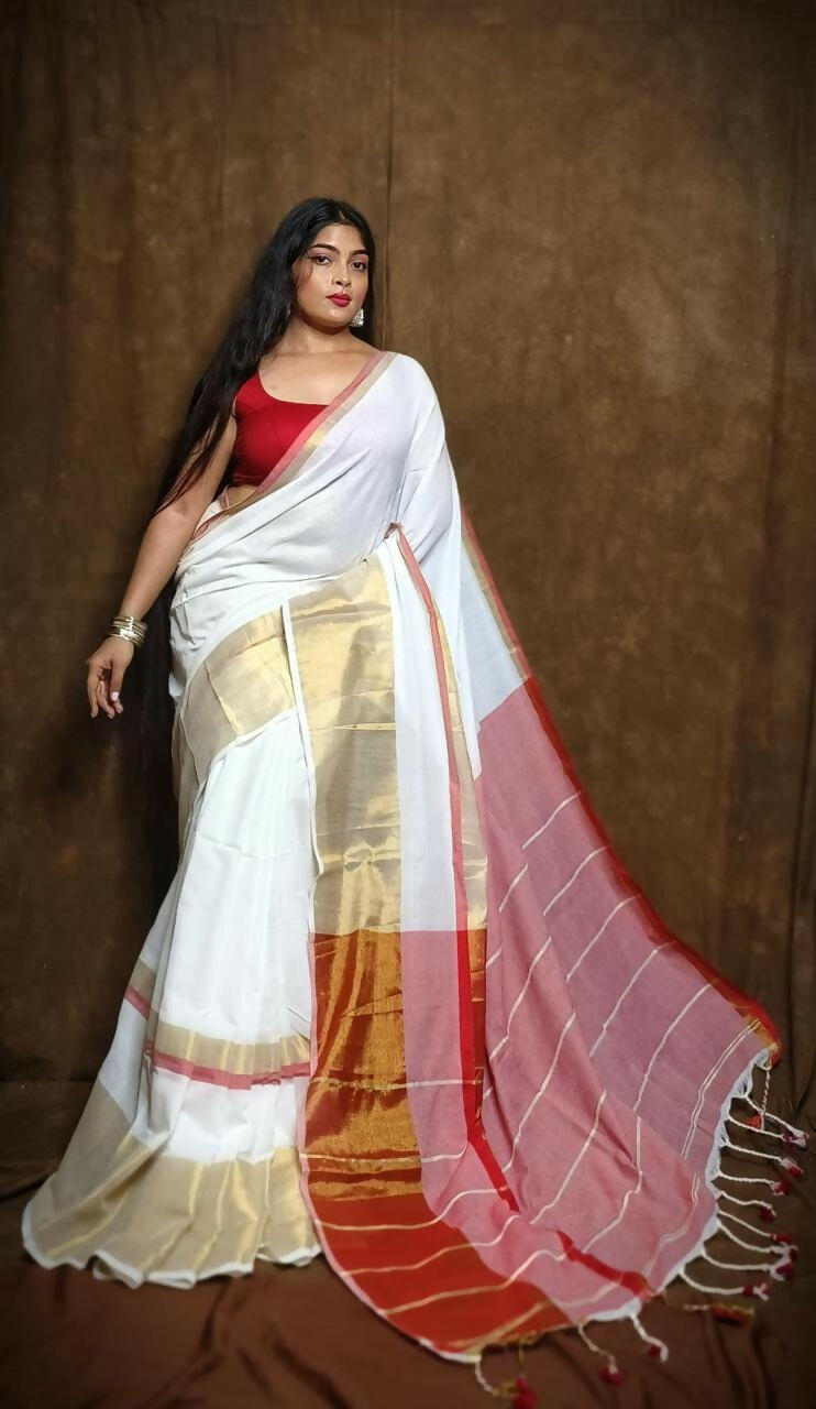 Exclusive Collection White Red Pure Cotton Handloom Gorgeous Saree - Swadesiicart