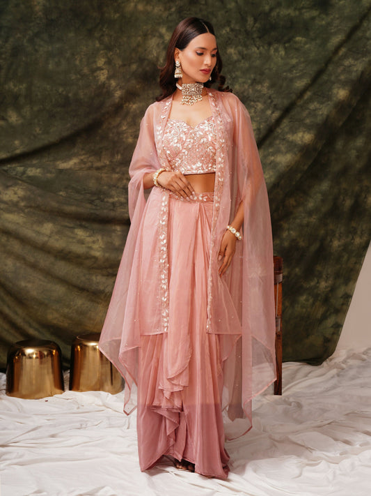 Peach Pure Crepe Handwork Top with Skirt & Shrug - Naomika - Swadesiicart