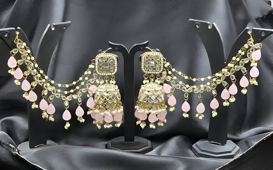 Jewel City Antique Gold Pink Bahubali Jhumka Earrings | Traditional Ear Chain Wedding Jewelry | Swadesiicart
