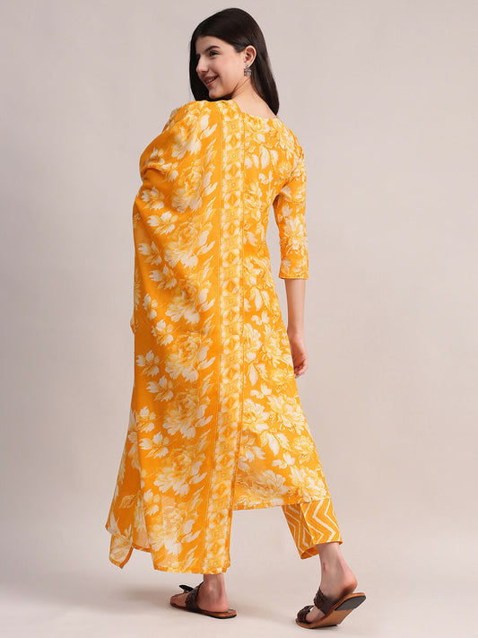 Aavyora Women Mustard Yellow Floral Printed Kurta with Chevron Printed Pants & Dupatta Set - Swadesiicart