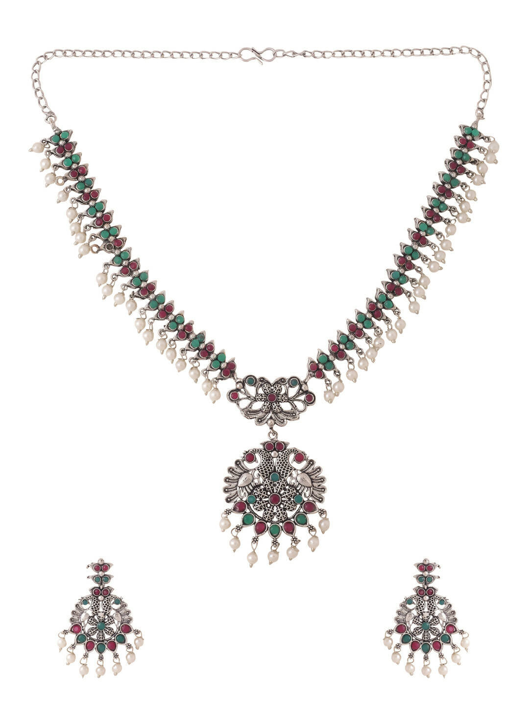 NVR Women Stone Studded Oxidised Silver Jewellery Set - Swadesiicart