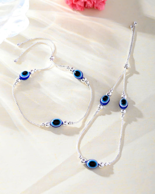 VOJ Set of 2 Silver Plated Evil Eye Anklet - Swadesiicart