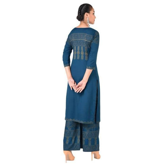Aniyah Rayon Block Print Front Slit Straight Kurta With Palazzo Set In Blue (AN-166K) | Swadesiicart