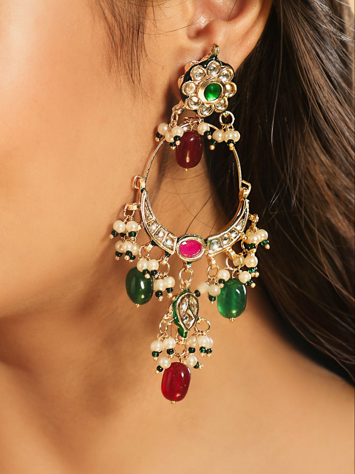 Nuyug 22K Gold Plated Crescent Kundan Drop Red Stone Chandbali Earrings | Swadesiicart