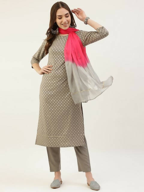 FIORRA Women's Grey Poly Crepe Straight Kurta Pant With Dupatta - Swadesiicart