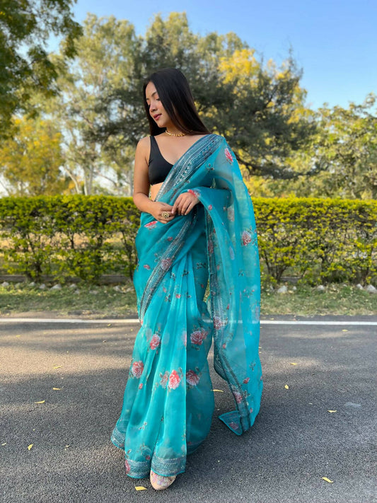 Vamsee Sky Blue Organza Saree - Swadesiicart