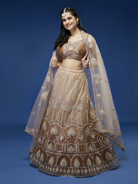 House of Panchhi Rust Net Gotapatti Work Lehenga & Blouse with Dupatta | Swadesiicart