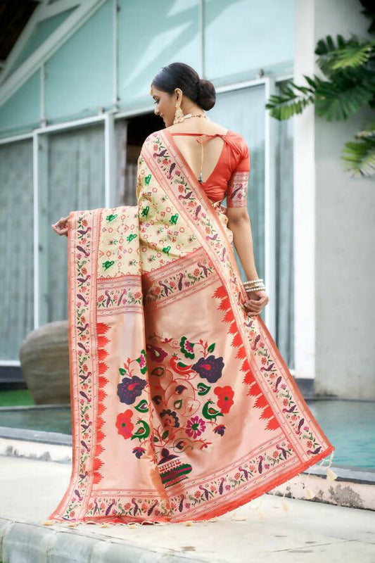 Vishnu Weaves Women's White Paithani Patola Silk Zari Woven Saree with Unstitched Blouse - Swadesiicart