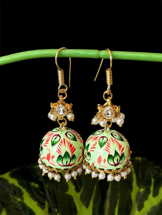 Joban Fashion Green Brass Meenakai Hand Painted Jhumka With Pachi Kundan Earring | Swadesiicart