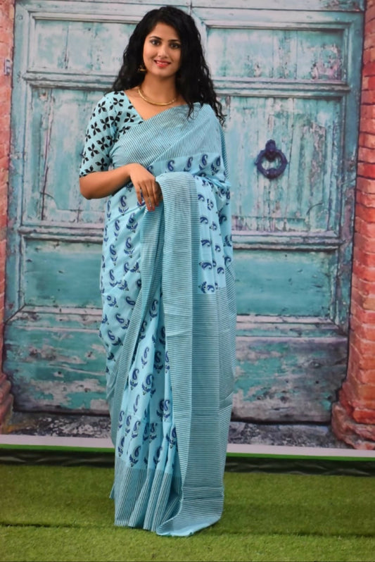 Exclusive Collection Skyblue Beautiful Mulmul Cotton Saree - Swadesiicart