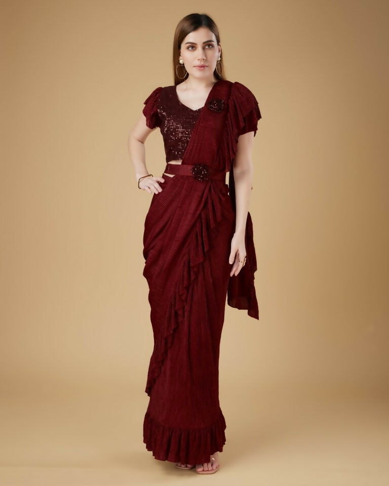 Maroon Imported Crush Solid Ready to Wear Saree with stitched Blouse - Aayan | Swadesiicart