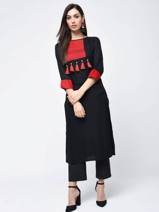 Aniyah Rayon Color Block Black Latest Straight Kurta With Tassels (AN-109K) - Swadesiicart