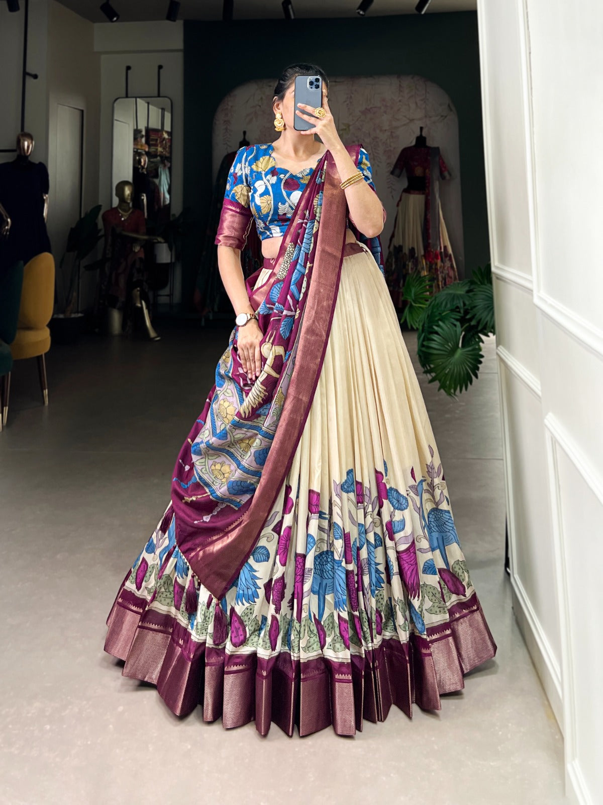 Lorenvalley Offwhite Dola Silk and Jacquard Silk Printed (Kalamkari) With Zari Weaving Border Lehenga Choli | Swadesiicart