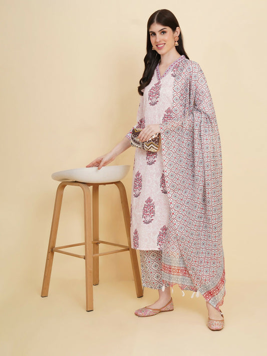 Designer Stylish White Cotton Stitched Suit With Dupatta - Tanisha | Swadesiicart