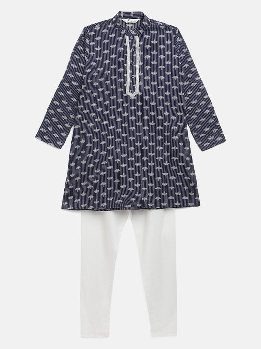 Ahalyaa Boys Navy Blue Pure Cotton Digital Print Kids Kurta Churidar Set | Swadesiicart
