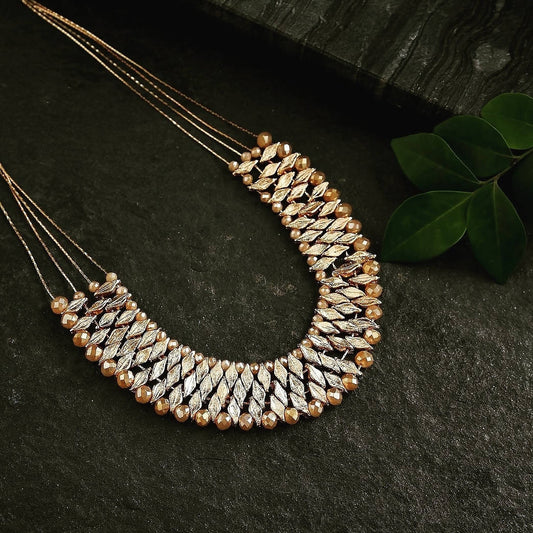 Bling Accessories 4 Rows Fine Brass Metal Chain Necklace With Hand Weaved Glass Crystal | Swadesiicart