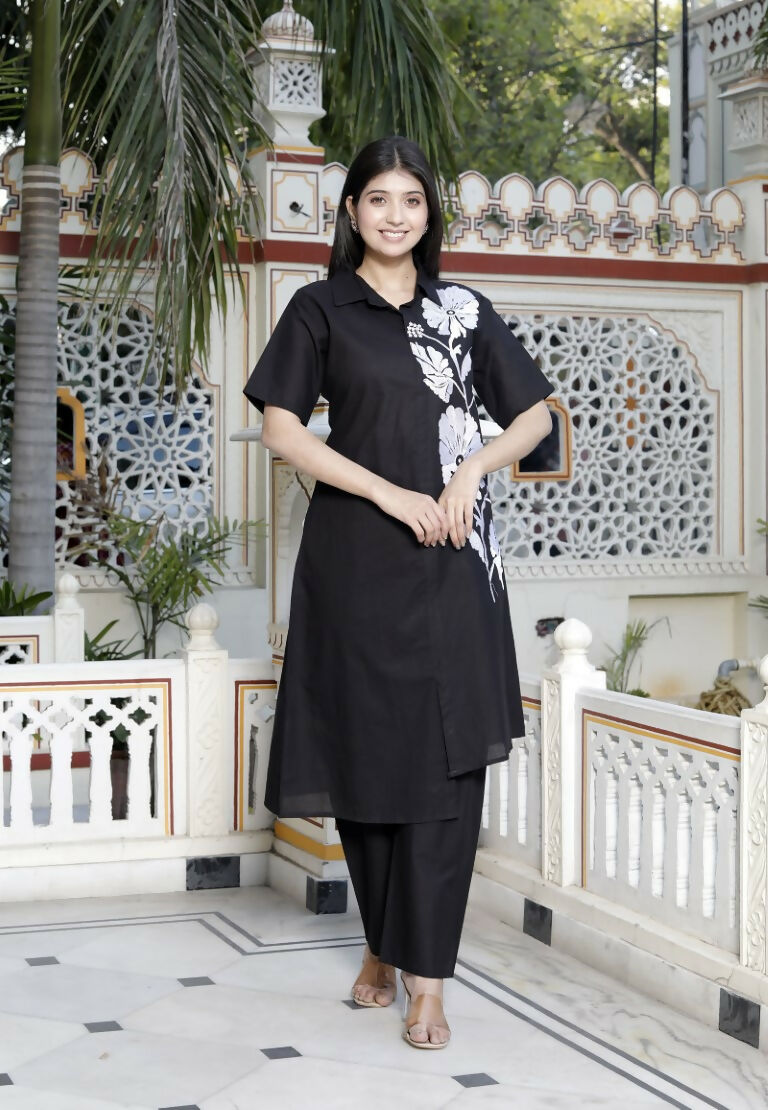 Miravan Women's Black Pure Cotton Floral Embroidered High Low Co-Ord Set - Swadesiicart