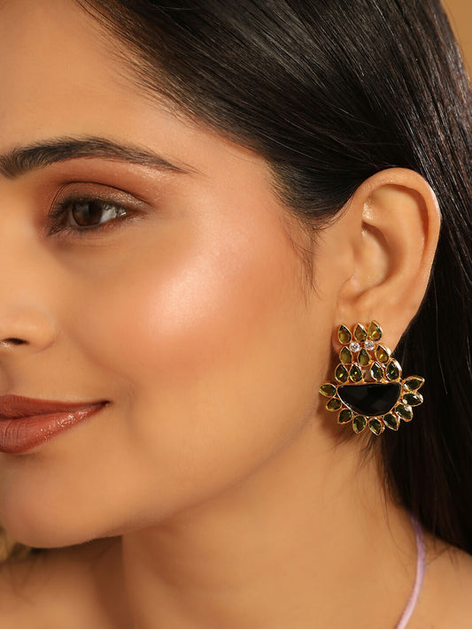 Nuyug 22K Gold Plated Dark Crystal Studded Contemporary Floral Shaped Stud Earrings | Swadesiicart