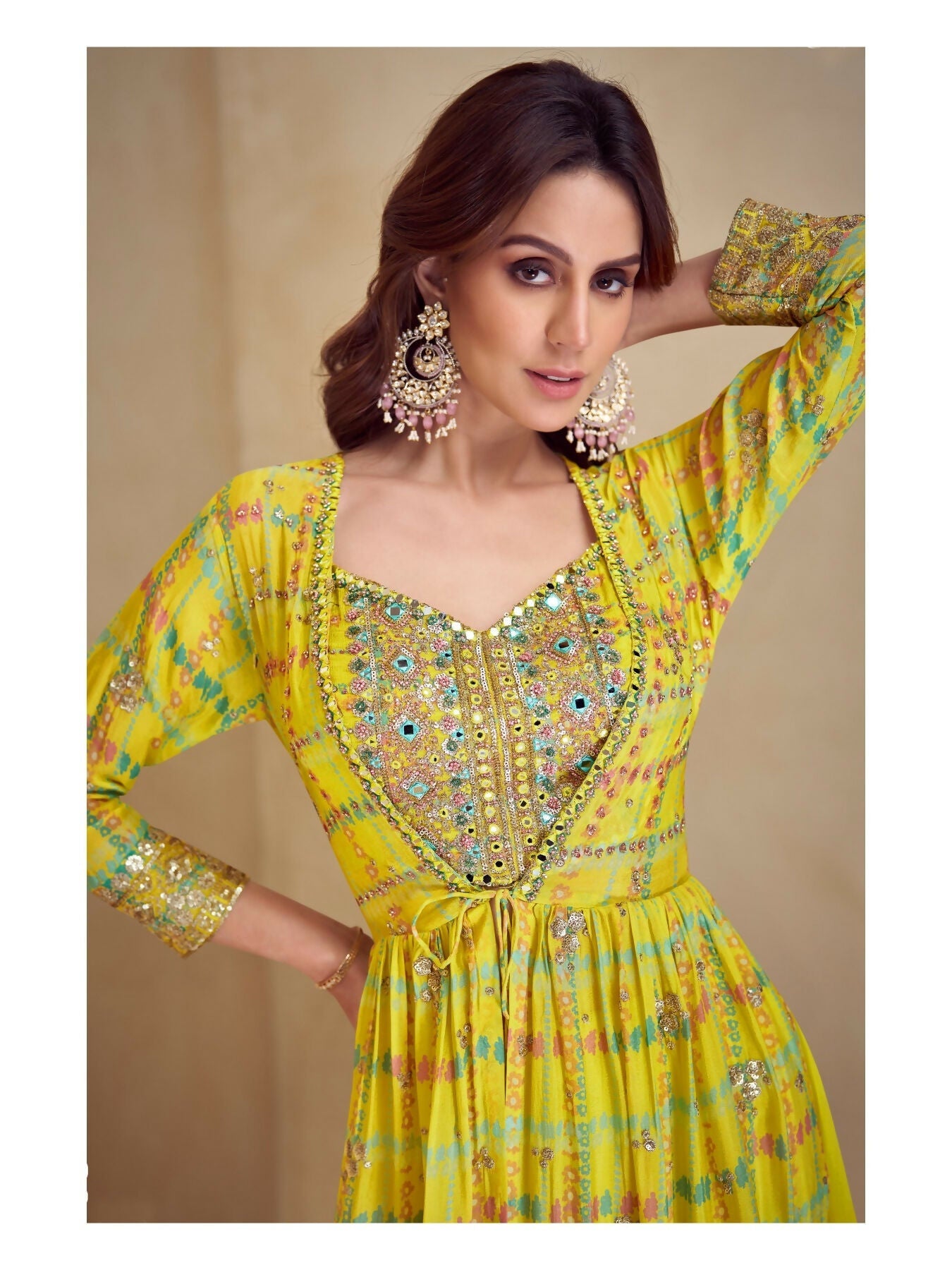 Anaita Yellow Real Chinon Stitched 3 Piece Suit with Printed & Embroidery hand work