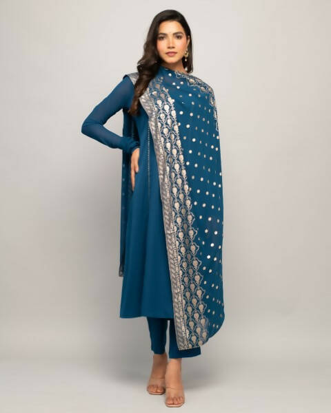 FIORRA Women's Teal Blue Creap A-Line Kurta Pant With Dupatta - Swadesiicart