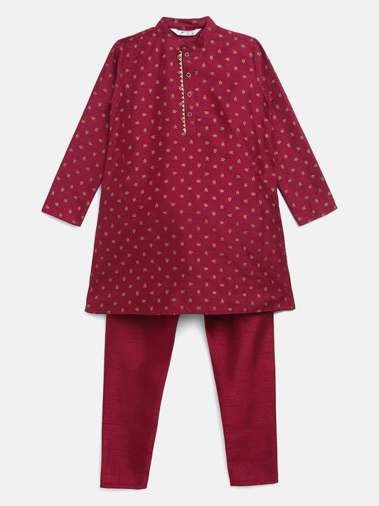 Ahalyaa Boys Wine Poly Silk Gold Printed Kids Kurta Churidar Set | Swadesiicart