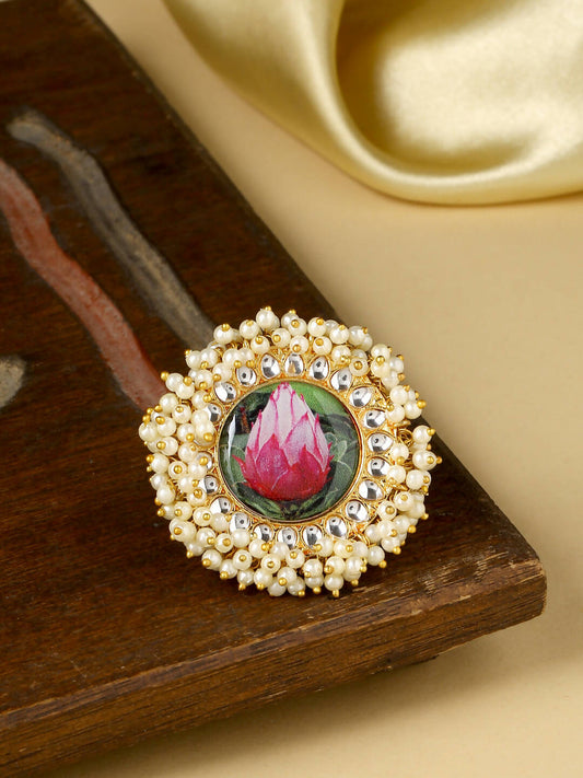 NVR Women's Traditional Ethnic Kundan Meenakari Gold-Polished Ajustable Finger Ring | Swadesiicart