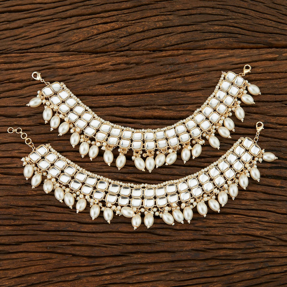 Joban Fashion Women Golden White Kundan Payal Anklet - Swadesiicart