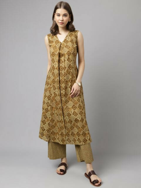 FIORRA Women's Brown Cotton A-Line Kurta Palazzo Set - Swadesiicart