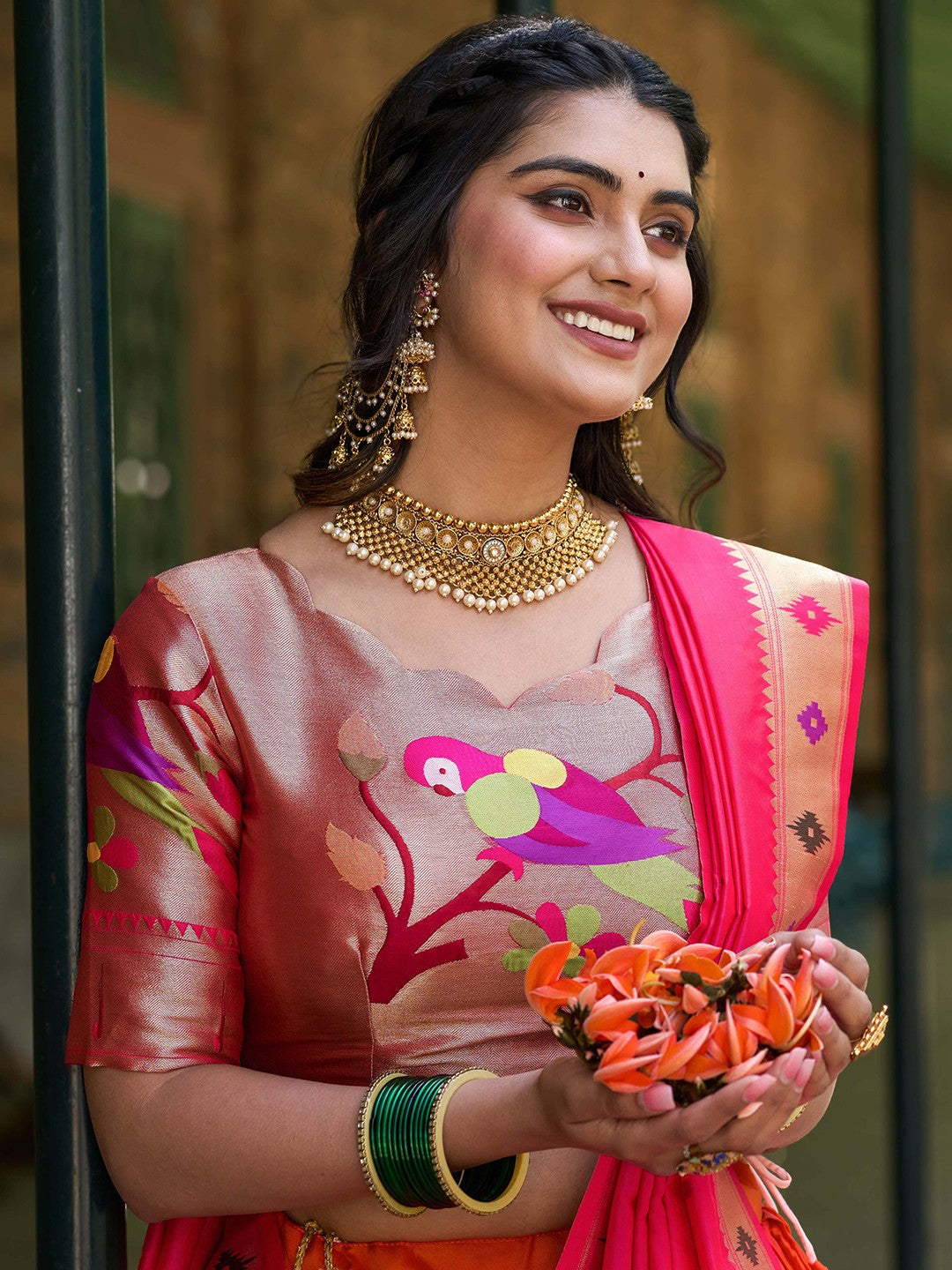 Lorenvalley Orange Jacquard Silk Paithani Weaving Zari Lehenga Choli with Dupatta | Swadesiicart