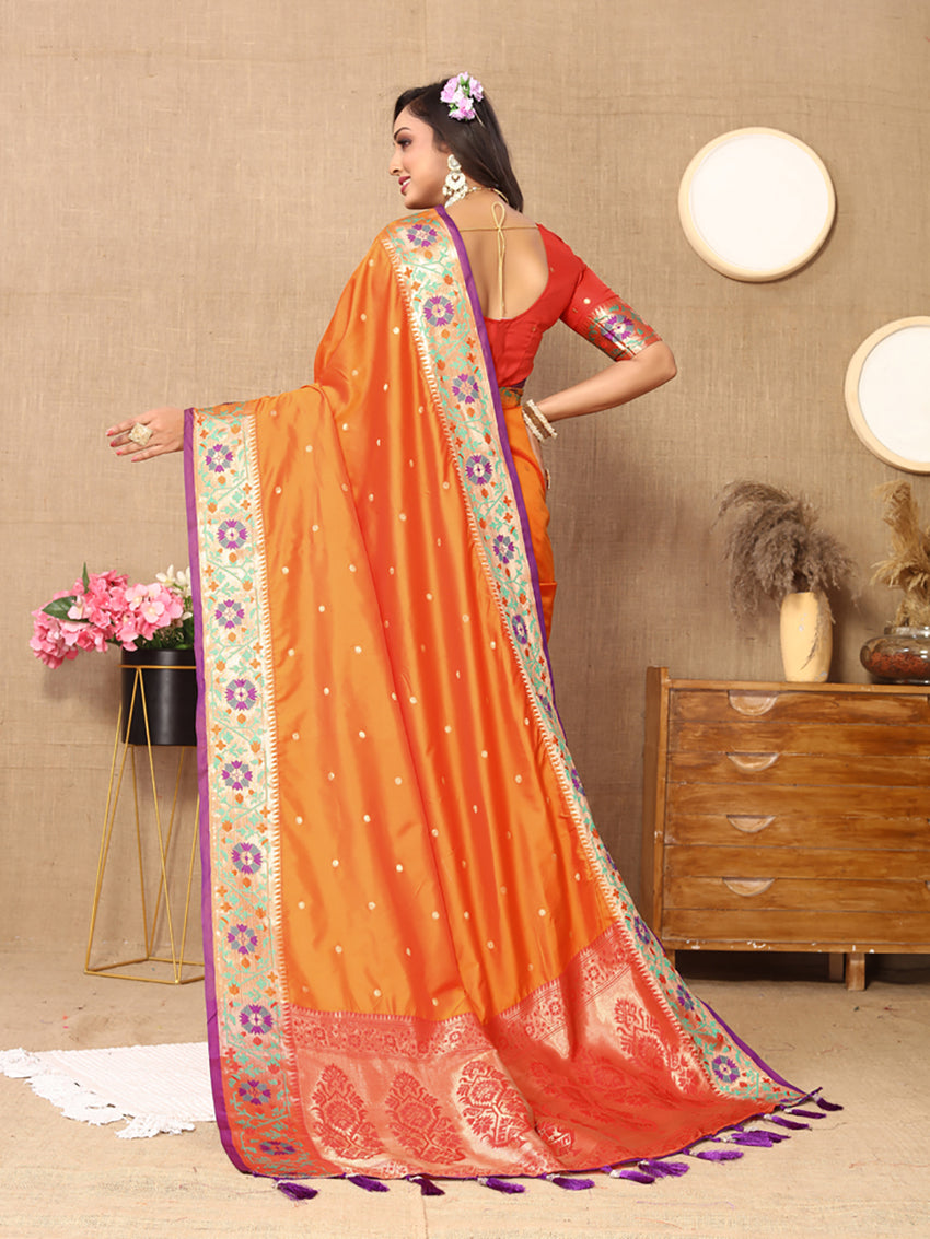 Lorenvalley Fashion Orange Soft Paithani Silk Woven Design Rich Meenakari Zari Weaving Pallu Saree - Swadesiicart