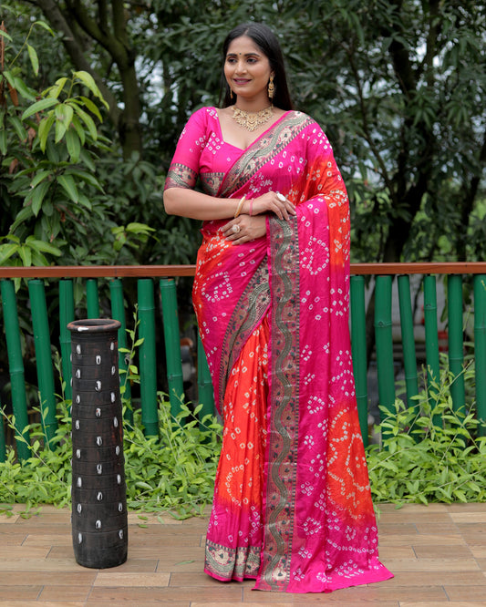 Lorenvalley Premium Pure Bandhej Tapeta Soft light weight silk saree with zari weaving Border - Multicolor - Swadesiicart