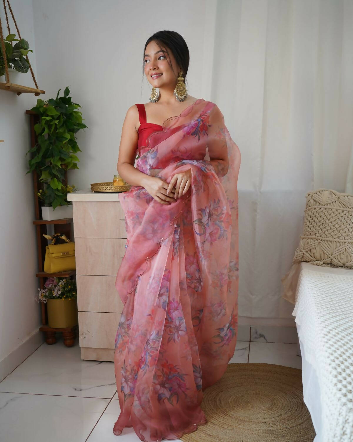 Vamsee Peach Organza Saree - Swadesiicart