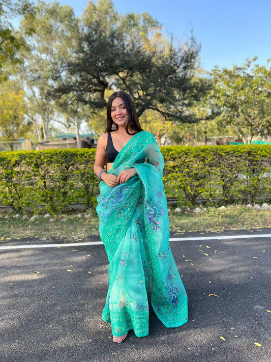 Vamsee Sea Green Organza Saree - Swadesiicart