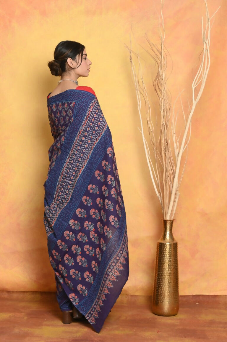 Very Much Indian Handblock Printed Cotton Saree With Natural Dyes - Blue | Swadesiicart