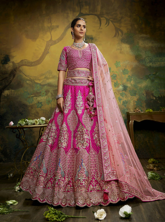 House of Panchhi Pink Pure Silk Moti & Zarkan heavy embroidery Lehenga choli & Dupatta | Swadesiicart