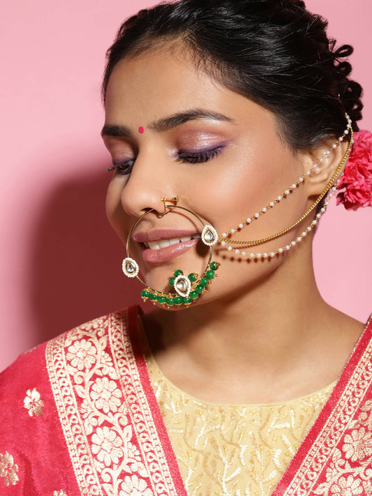 Gold-Polished White Green Kundan-Studded Pearl Beaded Nosepin - Ruby Raang | Swadesiicart