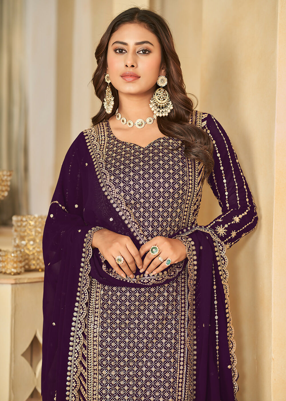 Mesmeric Purple Faux Georgette Palazzo Suit with Embroidery - Emponline | Swadesiicart