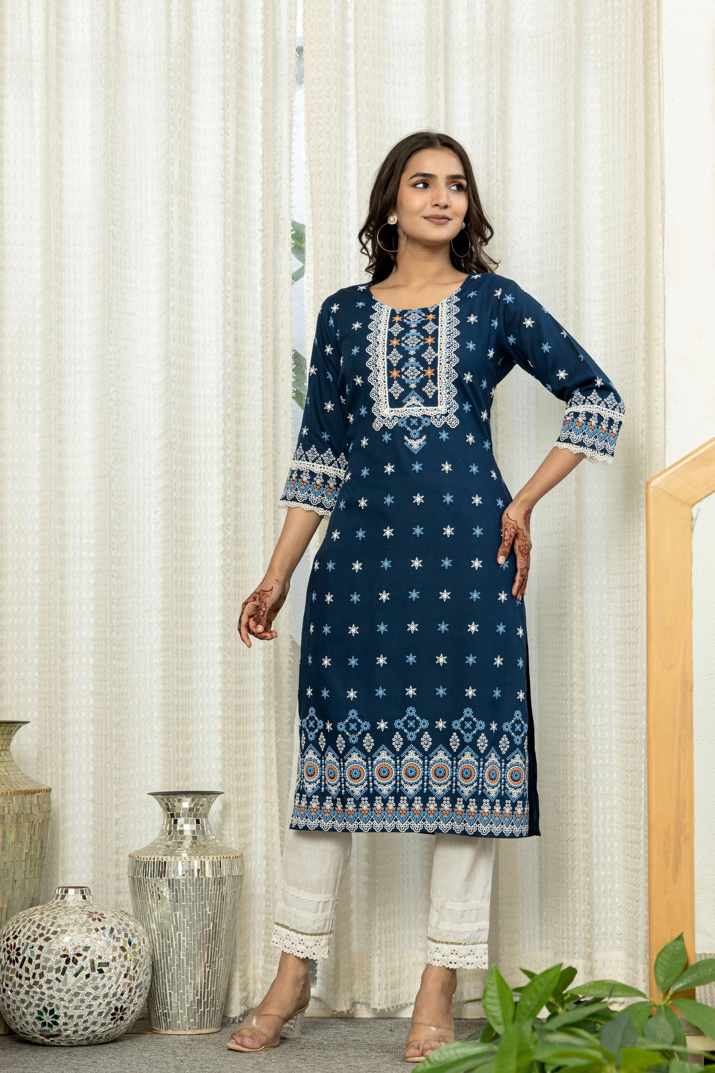 Juniper Navy Ethnic Motif Printed Viscose Kurta With Lace - Swadesiicart