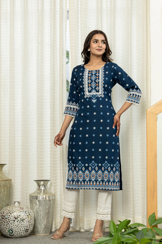 Juniper Navy Ethnic Motif Printed Viscose Kurta With Lace - Swadesiicart