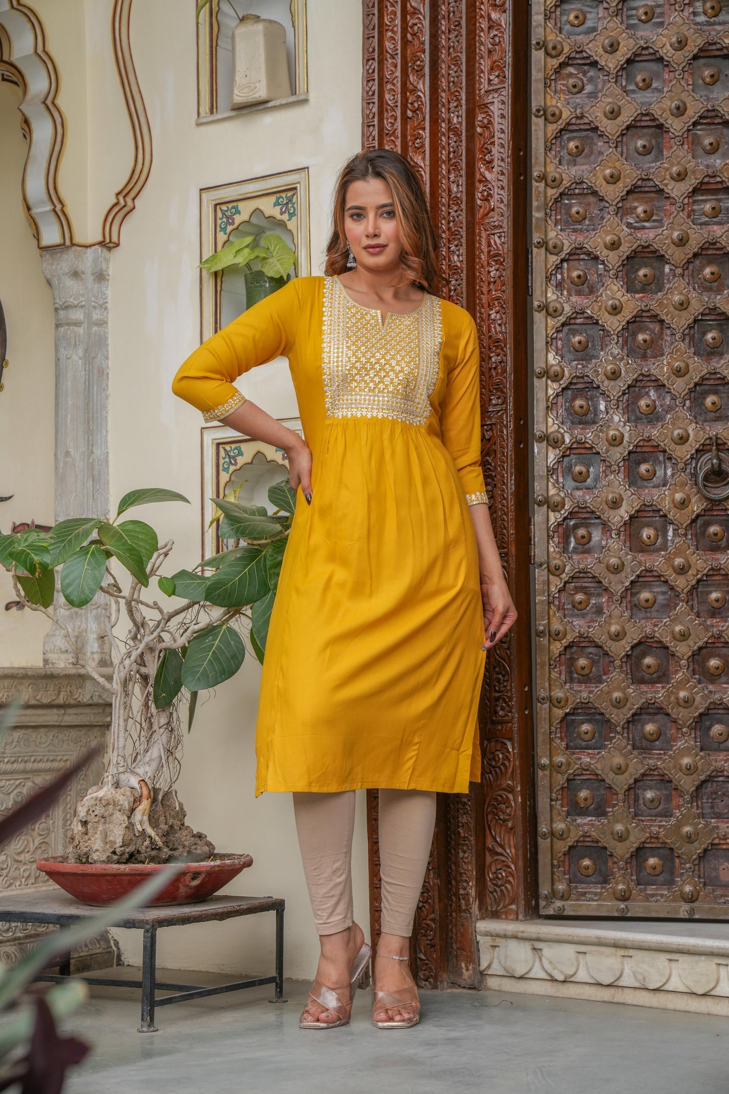 Juniper Mustard Viscose Embroidered Kurta With Thread Work And Sequins - Swadesiicart