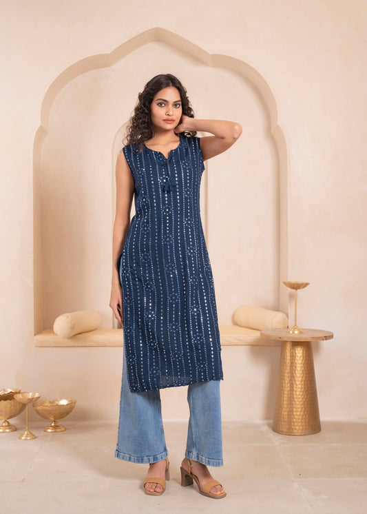 Juniper Navy Geometric Embroidered Viscose Kurta With Mirror Work And Tassels - Swadesiicart