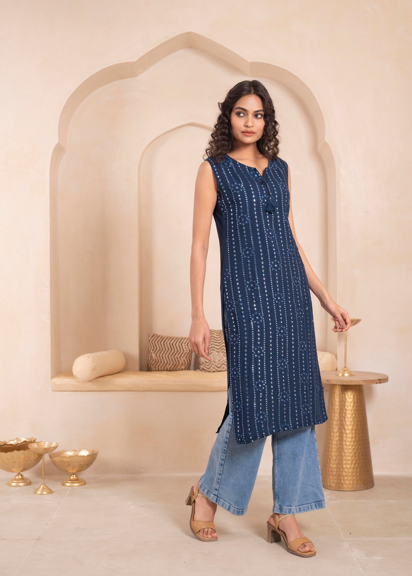 Juniper Navy Geometric Embroidered Viscose Kurta With Mirror Work And Tassels - Swadesiicart