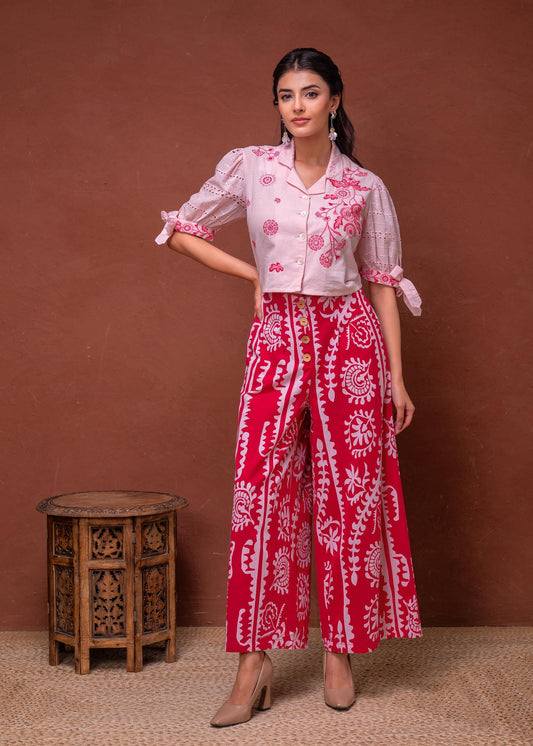 Juniper Embroidered Co-Ord Set With Eyelet Shirt And Printed Wide-Leg Pants - Swadesiicart