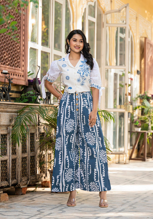 Juniper Embroidered Co-ord Set with Eyelet Shirt and Printed Wide-Leg Pants - Swadesiicart