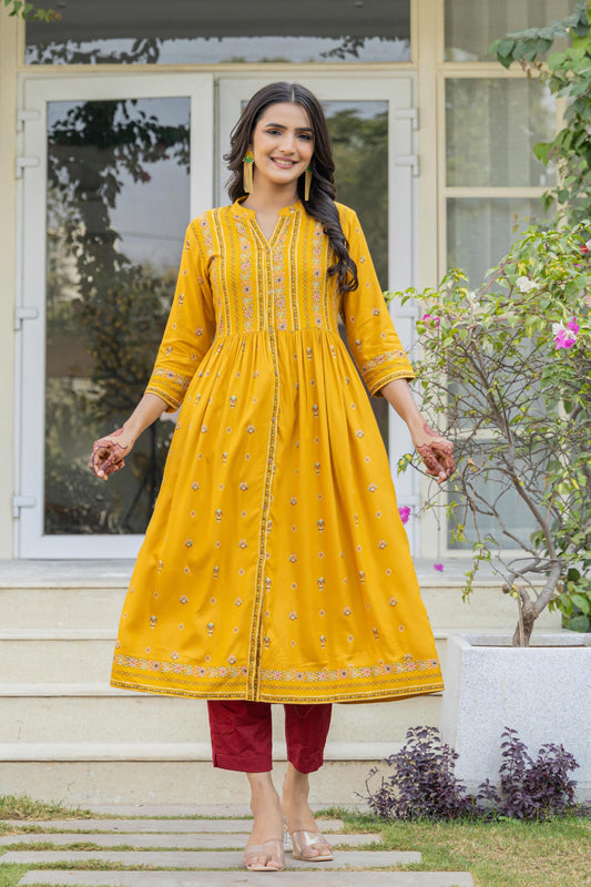 Juniper Mustard Floral Printed Cotton Kurta With Thread Work & Lace - Swadesiicart