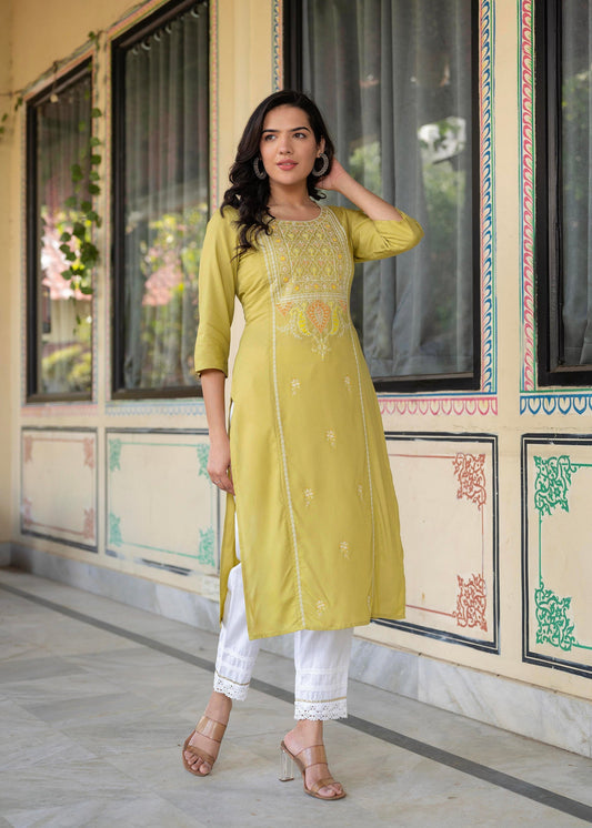 Juniper Lime Viscose Geometric Printed Kurta - Swadesiicart