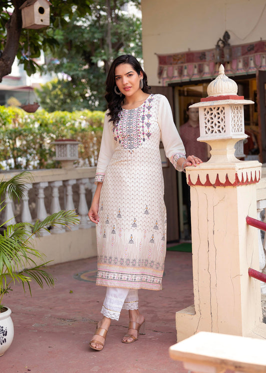 Juniper Off White Viscose Ethnic Motif Kurta With Thread Work - Swadesiicart