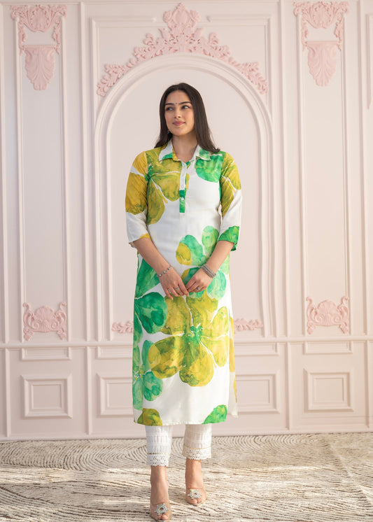 Juniper Green Floral Printed Viscose Kurta with Button Closure - Swadesiicart